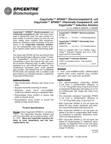 Protocol for CopyCutter™ EPI400™ Electrocompetent E. coli ...