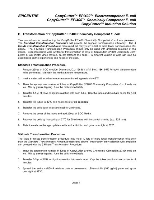 Protocol for CopyCutter™ EPI400™ Electrocompetent E. coli ...