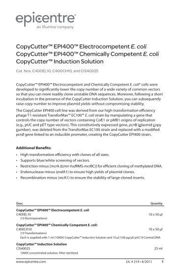 Protocol for CopyCutterâ¢ EPI400â¢ Electrocompetent E. coli ...