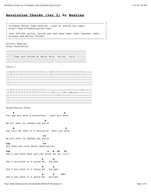 Revolution Chords (ver 3) by Beatles tabs @ Ultimate Guitar Archive