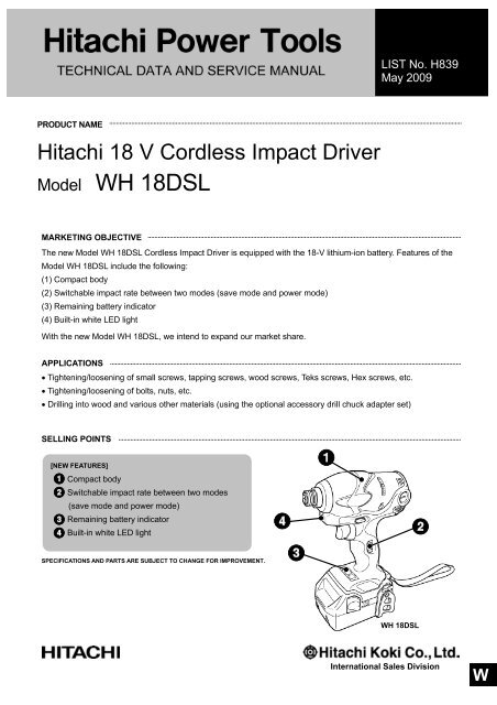 Model WH 18DSL CORDLESS IMPACT DRIVER - Hitachi