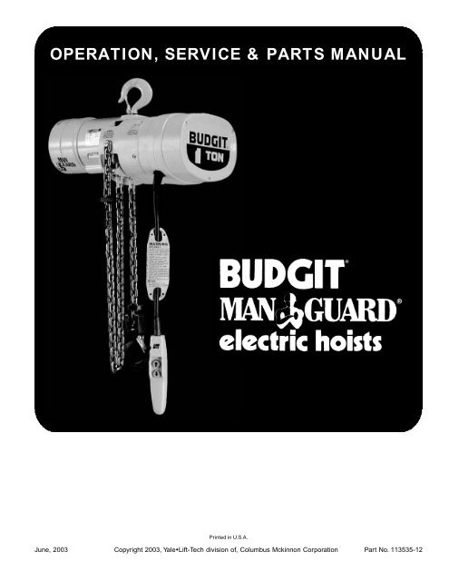 Operation Service Amp Parts Manual Hoists Direct