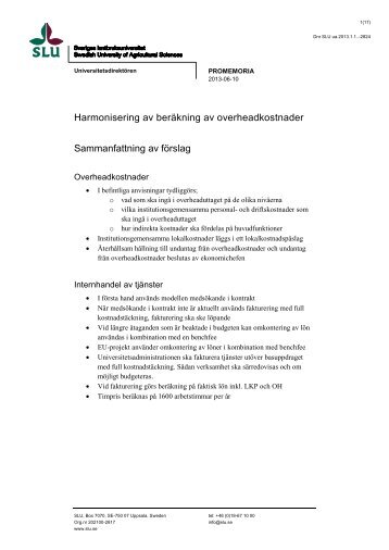Harmonisering av berÃ¤kning av overheadkostnader - SLU