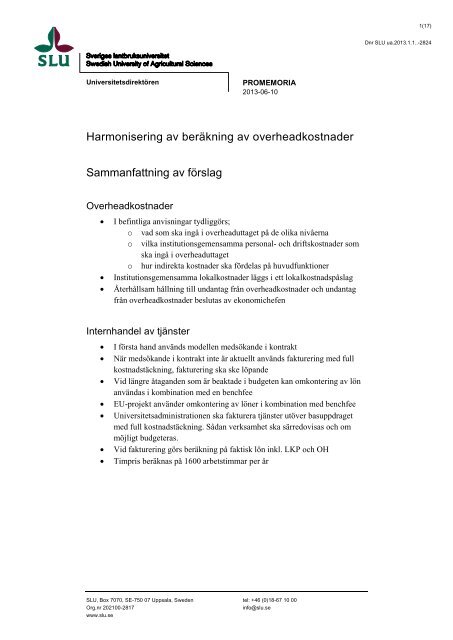 Harmonisering av berÃ¤kning av overheadkostnader - SLU