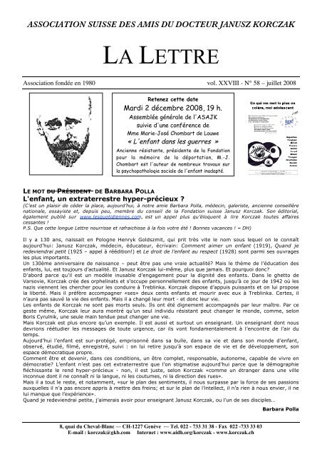 La Lettre n° 58 - Juillet 2008 - Association suisse des Amis ...
