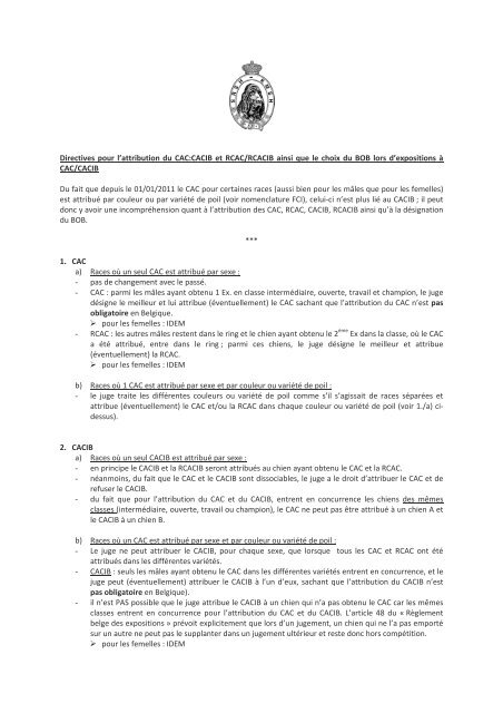 Directives pour l'attribution du CAC:CACIB et RCAC/RCACIB ainsi ...