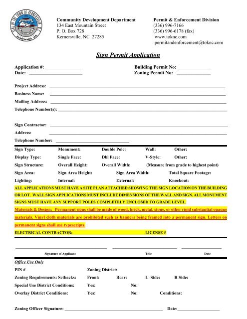 Sign Permit Application, Fees, and Brochure - Town of Kernersville