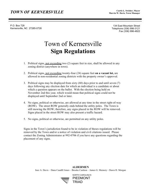 Sign Permit Application, Fees, and Brochure - Town of Kernersville