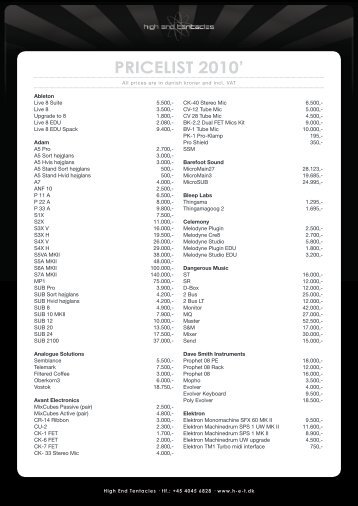 PRICELIST 2010' - High End Tentacles