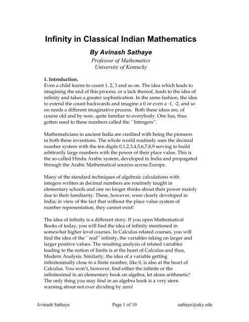Infinity In Classical Indian Mathematics By Avinash Sathaye Infinity In Classical Indian Mathematics By Avinash Sathaye