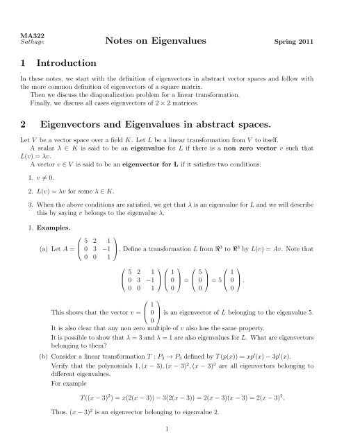 Notes On Eigenvalues 1 Introduction 2 Eigenvectors And ...