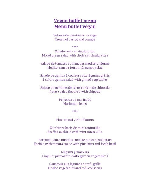 Vegan Buffet Menu Menu Buffet Vãgan