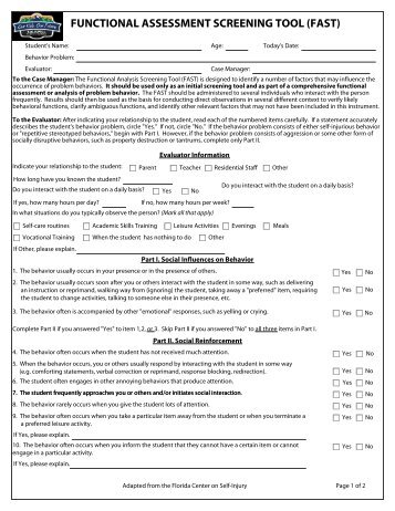FUNCTIONAL ASSESSMENT SCREENING TOOL (FAST)