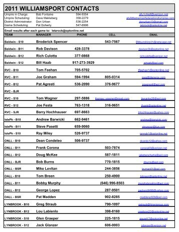 2011 WILLIAMSPORT CONTACTS