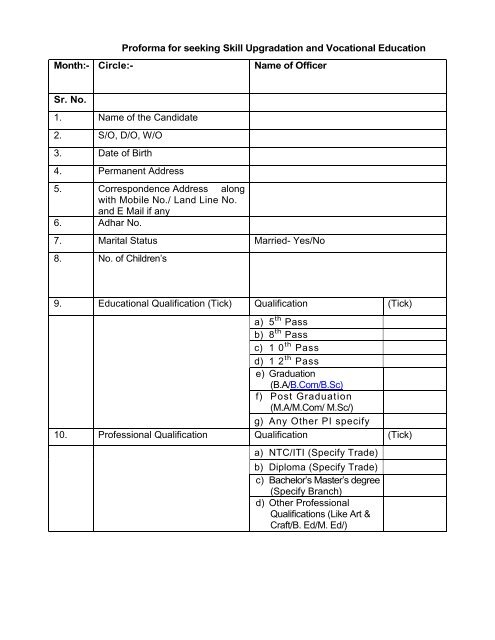 Proforma for seeking Skill Training and Employment Month:- Circle ...