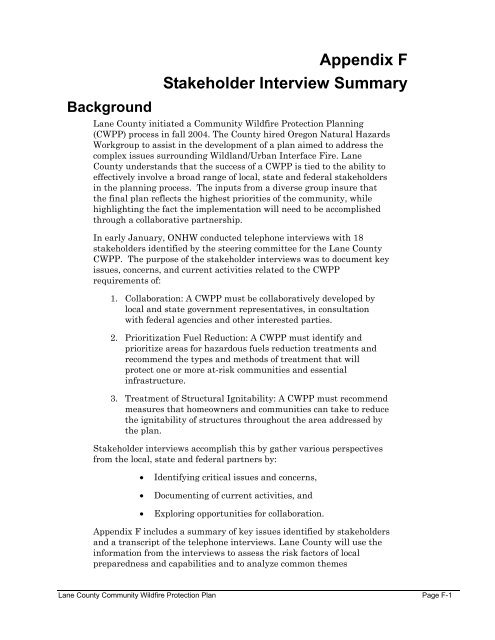 Appendix F Stakeholder Interview Summary - Lane County, Oregon