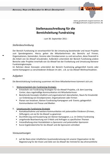 Stellenausschreibung fÃ¼r die Bereichsleitung Fundraising - Go Ahead!