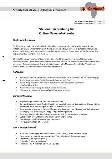 Stellenausschreibung fÃ¼r OnlineâNewsredakteurIn - Go Ahead!