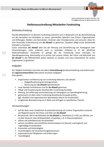 Stellenausschreibung Mitarbeiter Fundraising - Go Ahead!