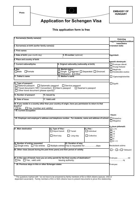 Application form for Schengen Visa