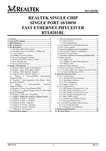 realtek single chip single port 10/100m fast ethernet phyceiver