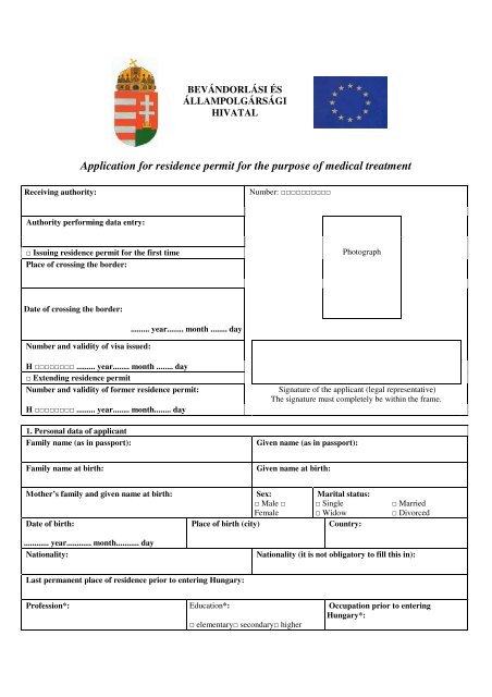 Application for residence permit for the purpose of medical treatment