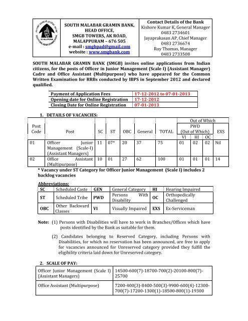 SOUTH MALABAR GRAMIN BANK, HEAD OFFICE ... - PT education