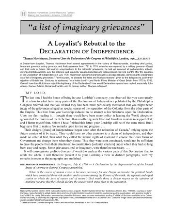 Thomas Hutchinson, A Loyalist's Rebuttal to the Declaration of ...