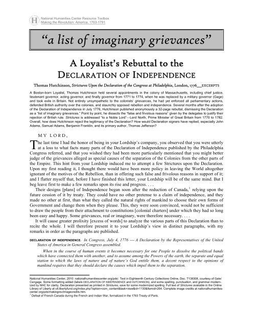 Thomas Hutchinson, A Loyalist's Rebuttal to the Declaration of ...