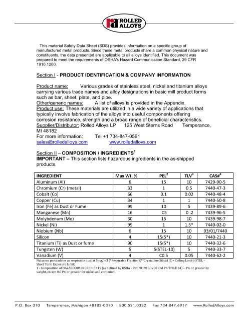 General Product Safety Data Sheet - Rolled Alloys