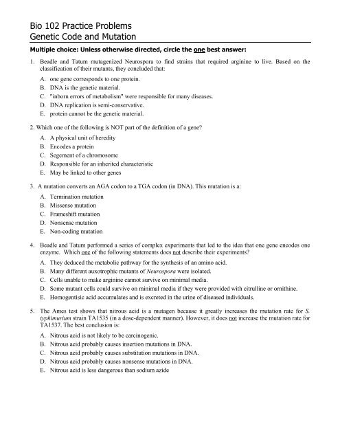 Bio 102 Practice Problems Genetic Code and Mutation