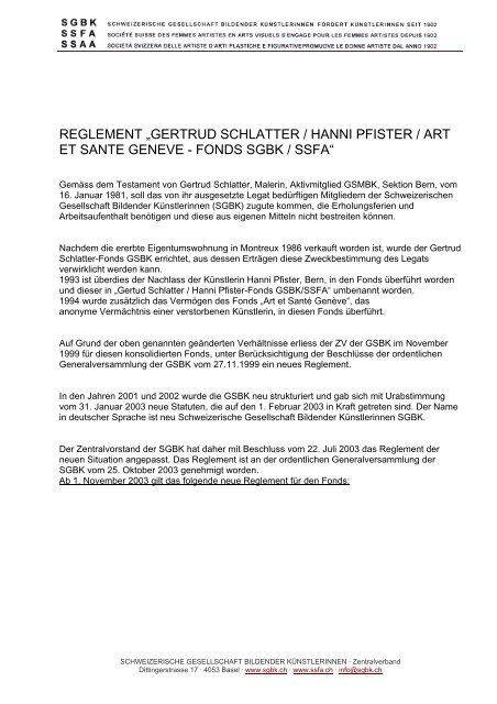 reglement âgertrud schlatter / hanni pfister / art et sante ... - SGBK
