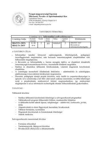 TANTÃRGYI TEMATIKA-informatikai szoftverkÃ¶rnyzet1 - NymE - SEK