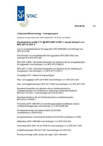 Litteraturförteckning – Energiexpert Kunskapskrav enligt 7-11 ... - Sitac
