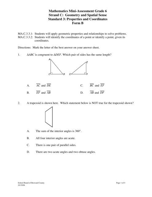 Mathematics Mini Assessment Grade 6 Strand C Geometry And