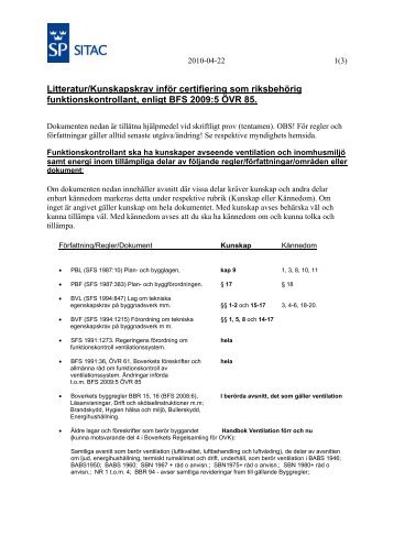 Litteratur/Kunskapskrav inför certifiering som riksbehörig ... - Sitac