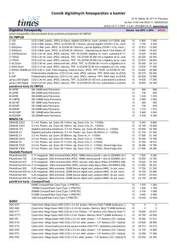 CennÃ­k digitÃ¡lnych fotoaparÃ¡tov a kamier - times.sk