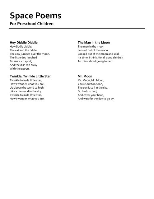 Space Poems For Preschool Children