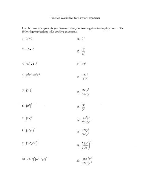 Practice Worksheet for Law of Exponents Use the laws of  - wveis