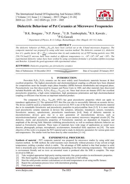 Dielectric Behaviour Of Pzt Ceramics At Microwave Frequencies Dielectric Behaviour Of Pzt Ceramics At Microwave Frequencies