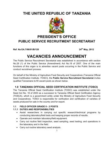 VACANCIES ANNOUNCEMENT - Ministry Of Agriculture, Food and ...