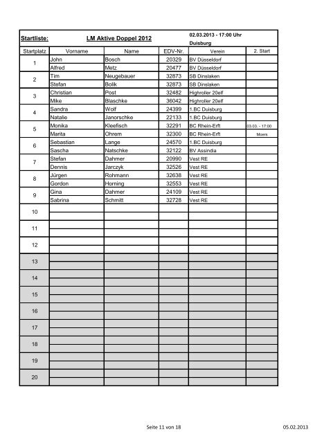 Startliste: LM Aktive Doppel 2012