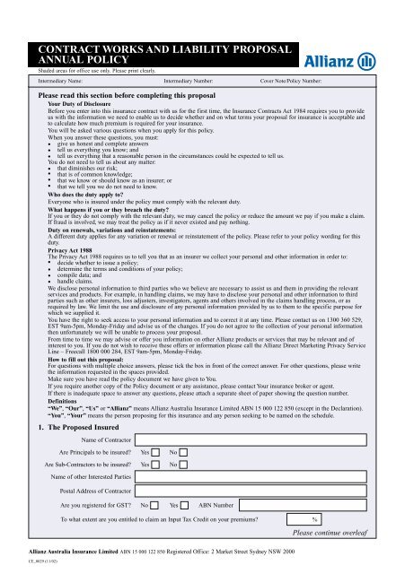 contract works and liability proposal annual policy - Allianz Engage