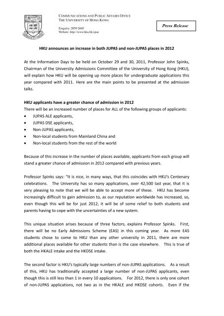 Hku Announces An Increase In Both Jupas And Non Jupas Places