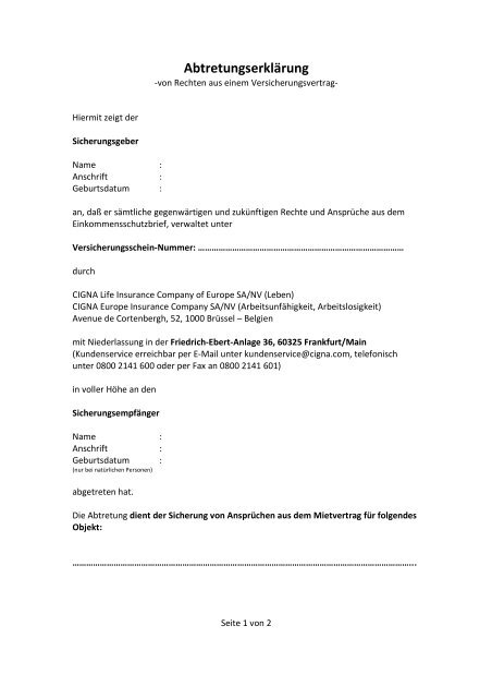 Vorlage Abtretungserklarung Einkommensschutzbrief Org