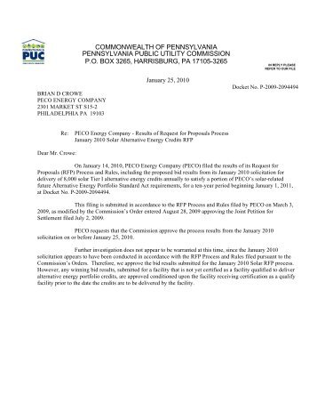 PUC Secretarial Letter, Approval of Initial Bid Results, 1/25 ... - Peco