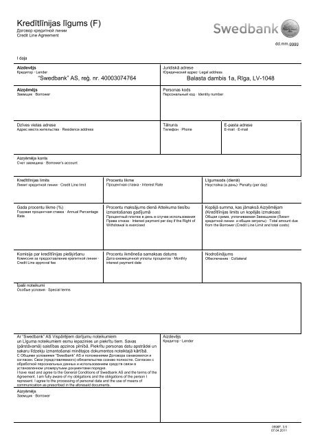 KredÄ«tlÄ«nijas lÄ«gums un lietoÅ¡anas noteikumi - Swedbank