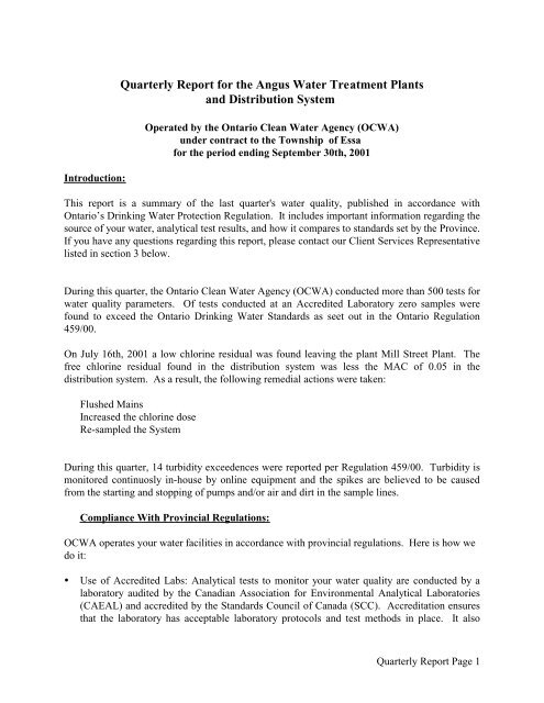 Quarterly Report for the Angus Water Treatment Plants and ...