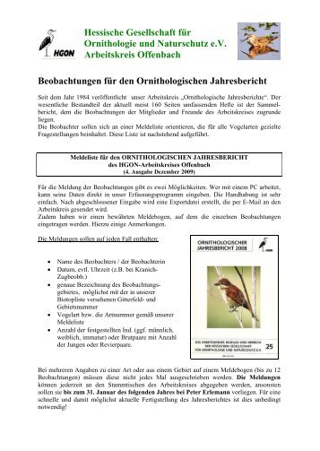 Beobachtungen fÃ¼r den Ornithologischen Jahresbericht - Hessische ...