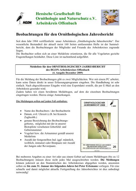 Beobachtungen fÃ¼r den Ornithologischen Jahresbericht - Hessische ...